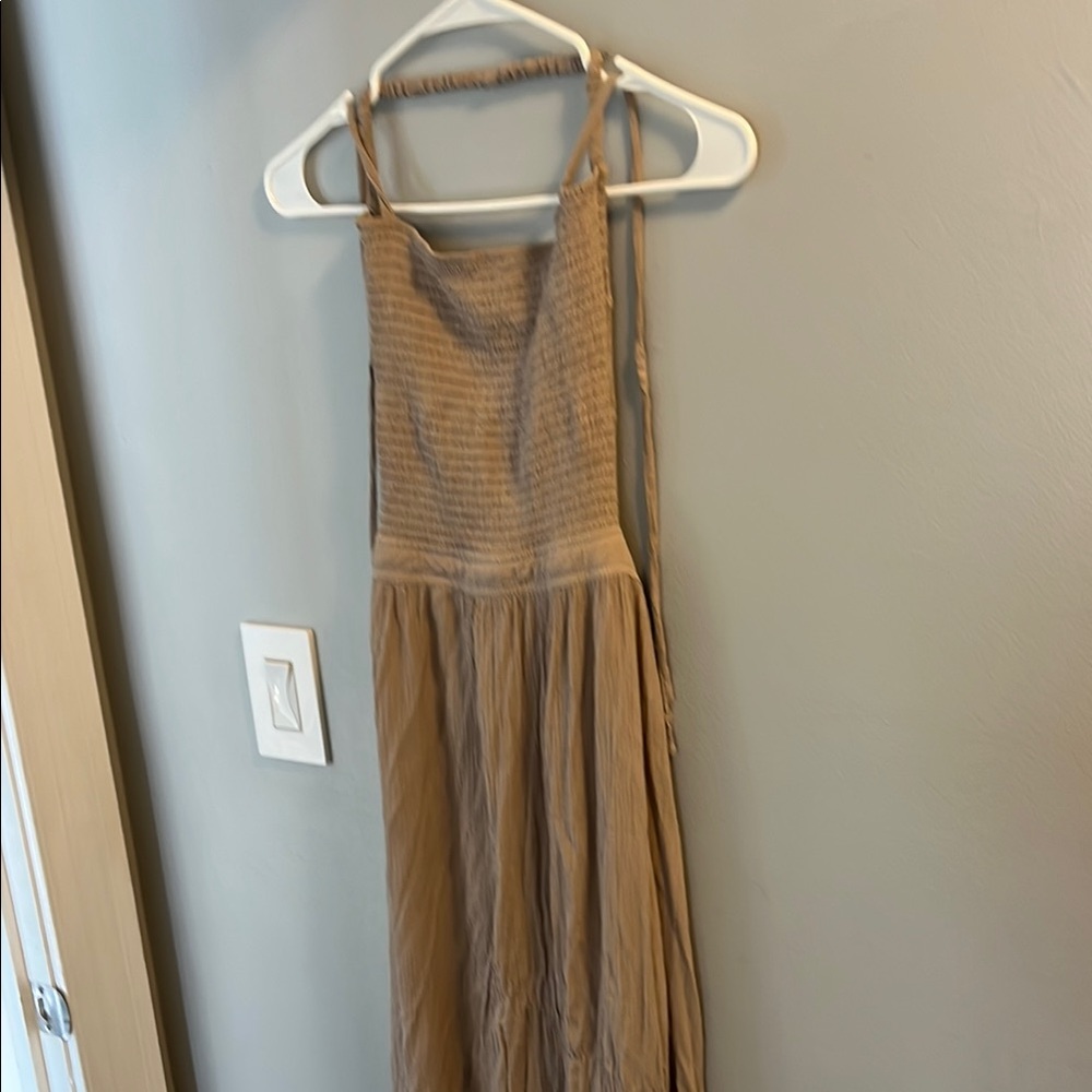 Women's Beige Maxi Dress with Smocked Bodice
